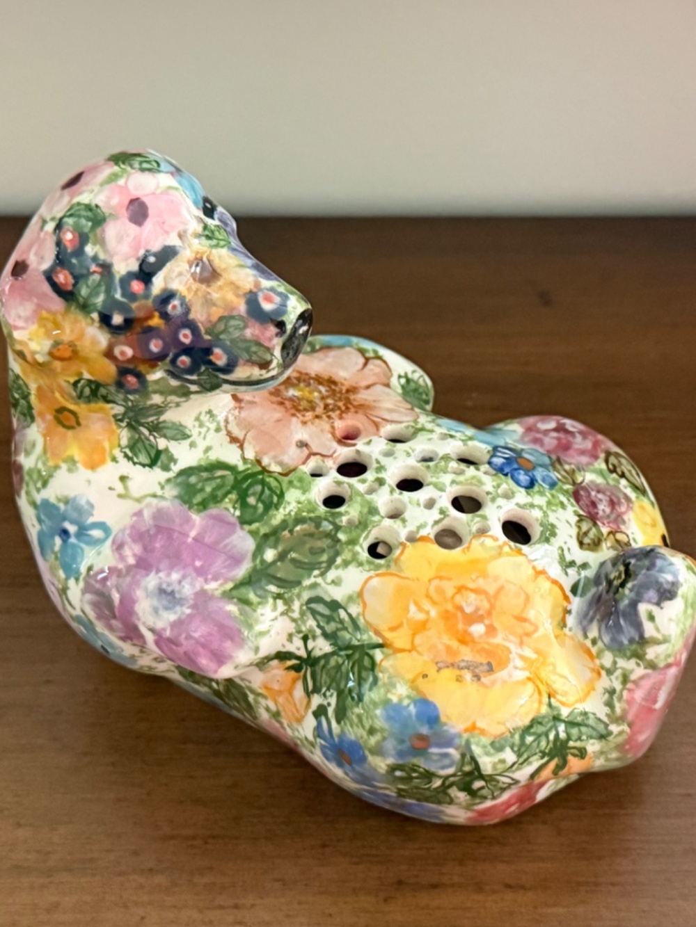 Vtg Cottage-Core Ceramic Porcelain Floral Decoupage Puppy Dog Potpourri Holder